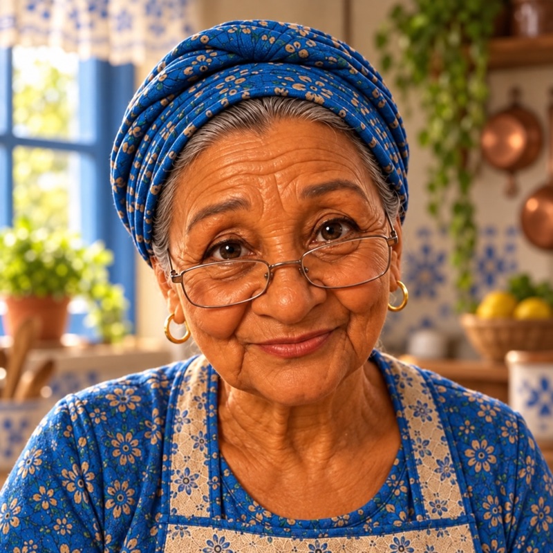 Vovó, sorrindo, de turbante azul, na cozinha